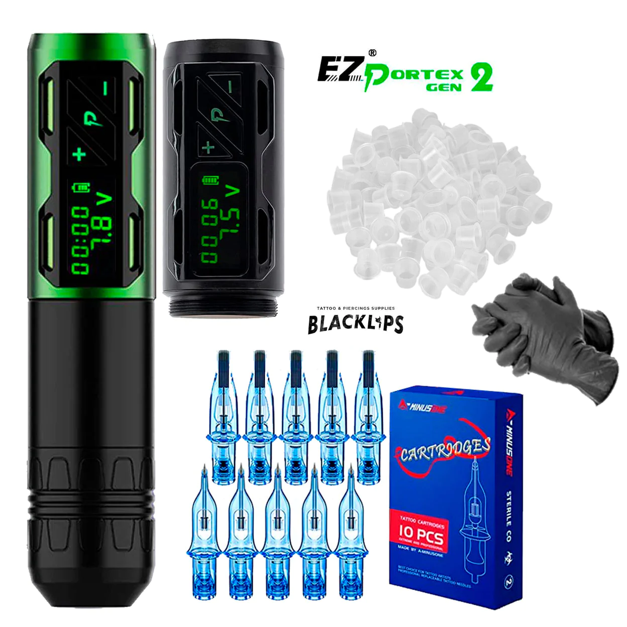 Kit De Tatuajes Profesional Para Tatuar y Microblading EZ Portex Generation 2S (P2S) + Batería Adicional y Accesorios (Verde)