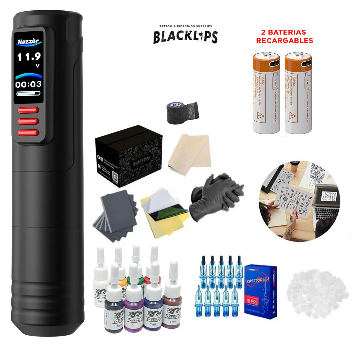 Kit de tatuajes profesional  - Nazzor Pro+ con Batería Adicional Recargable (Basic)