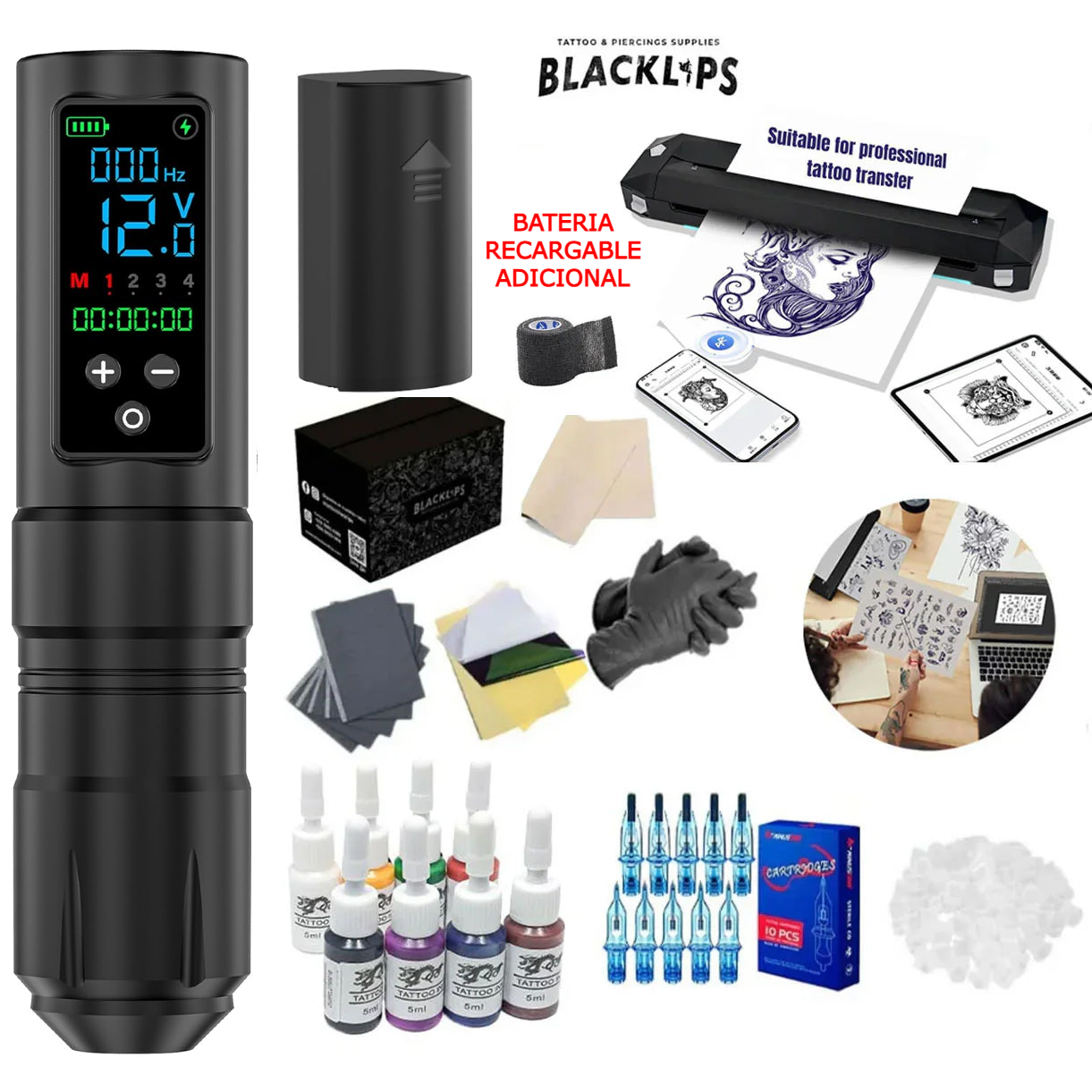 Kit de tatuajes profesional  - Erice con Batería Adicional Recargable (Pro)
