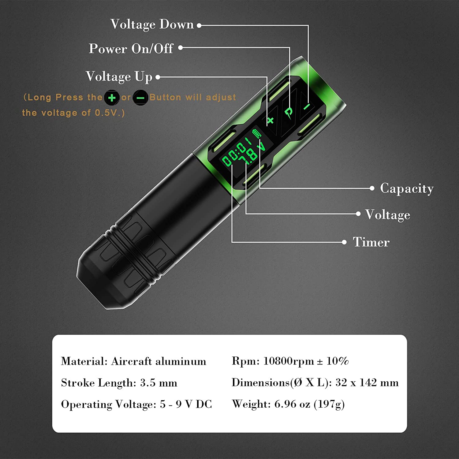 EZ Portex Generation 2S (P2S) Máquina de Tatuaje Inalámbrica con Batería y Motor Suizo Pantalla Digital LED (Verde)